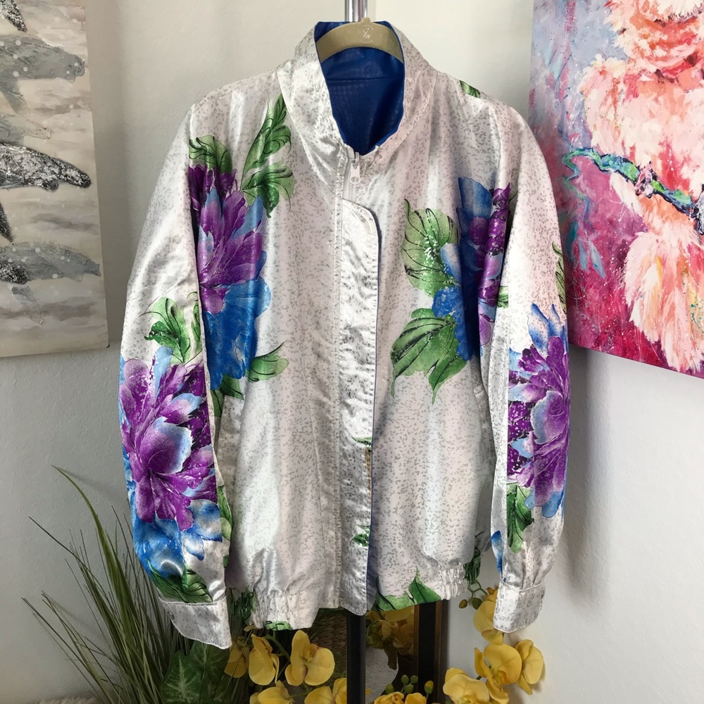 La Phia Reversible Floral Metallic Zip Up Jacket